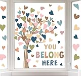 Whaline 6 Sheets Classroom Tree Window Clings Large Boho Heart Tree Reusable Window Decals for Back to School Party Supplies Classroom Home Nursery Decor