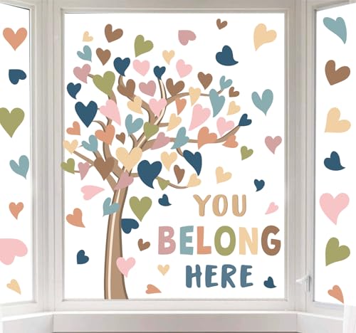 Whaline 6 Sheets Classroom Tree Window Clings Large Boho Heart Tree Reusable Window Decals for Back to School Party Supplies Classroom Home Nursery Decor