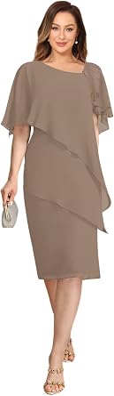 Taupe Mother Bride Dress Knee Length Chiffon Mother of The Groom Dresses Ruffled Formal Gowns with Sleeves