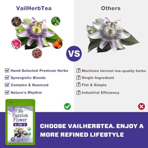 Image of VailHerbTea Passion Flower Tea Bags - 50 Count, Handcraft Herbal Tea for Relaxation & Sleep Support, Natural Formula w /Lemon Balm Ashwagandha Extract for Mood Balance - Caffeine-Free, Mild Taste Tea.