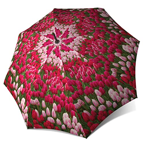 Extra Large Umbrella Windproof - Stick Designer Umbrella For Women - Colorful Rain Umbrella With Hook Handle - Pink Floral Umbrella Tulips Design - Quality Fashion Umbrella Durable For Wind By Lb #TOP13