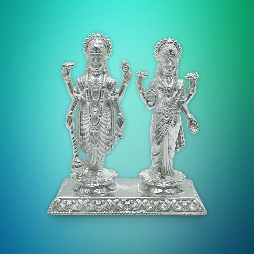 Image of MAA SILVER Pure Silver Vishnu Narayan & Lakshmiji Jodi BIS Hallmarked Solid Idol /Murti on Lotus Kamal & Rectangle Base Perfect for Gifting & Pooja Use (925 Purity)(138 Grams Silver)