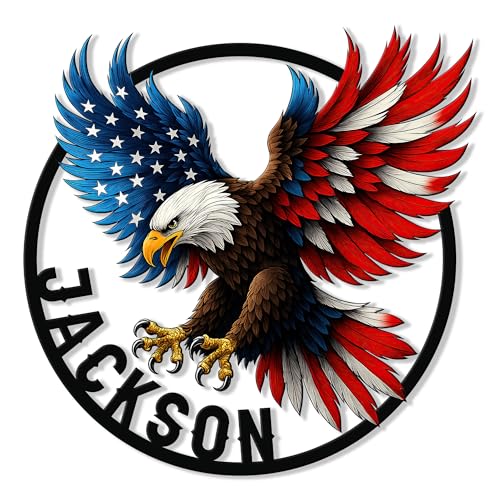 Independence Day Personalized Eagle Sign – Custom Name Metal Wall Decor with USA Flag & Bald Eagle – Great for July 4th, Porch, Yard, or Patio Decoration