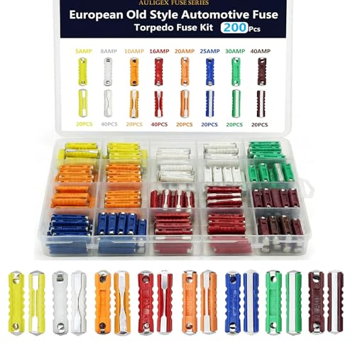 Auligex 200pcs Torpedo Fuse Assortment Kit European Continental Automotive Fuses 5A to 40A Old Style GBC Bullet Fuses Replacement for Vintage VW BMW Mercedes Porsche Includes Rare 30A and 40A Ratings