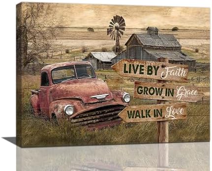Amazon.com: Farmhouse Red Truck Wall Art Rustic Old Truck Pictures ...