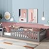Twin size floor bed for kids montessori bed frame with fence railings support slats wooden playhouse beds for boys girls no box spring needed gray  urban country home decor