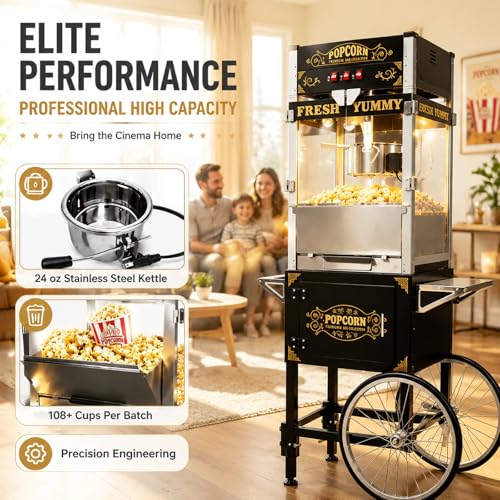 Image of Commercial Popcorn Machine with Cart - 24OZ Kettle Popcorn Makers with Heating 3-Switch Control Stainless Steel Kettle for Business, Corporate, School, Institutional, Carnival, Theater, Church, Black