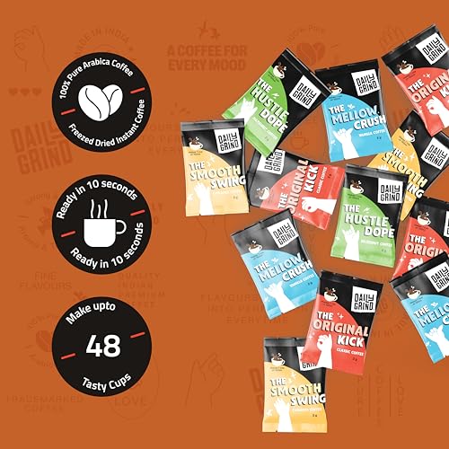 Image of DAILYGRIND Instant Coffee Sachets 2 g Each - Pack of 48 | Classic, Hazelnut, Vanilla, Caramel Flavoured Coffee | Freeze-Dried Pure Arabica Coffee Granules with Free Jar | Hot & Cold Brews 96 g