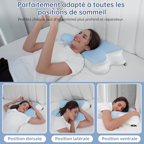 Oreiller cervical ergonomique 2 en 1 mémoire de forme ajustable de taille S bleu
