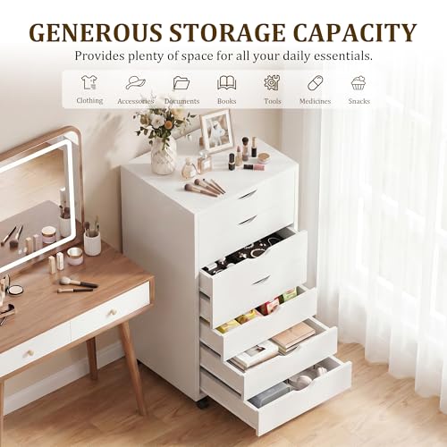 Image of 7 Drawer File Cabinet, Under Desk Storage Organization with Wheels, Mobile Filing Chest for Small Desk Printer Stand for Home Office, White
