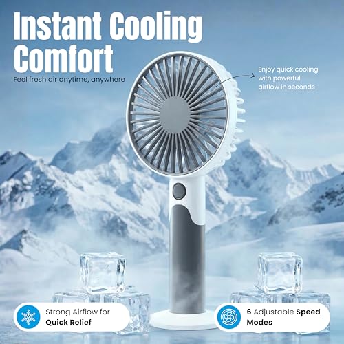 Image of One94Store Mini Handheld Fan, USB Rechargeable with 1800mAh Battery, 6-Speed Cooling for Home Office Travel, White & Dark Grey - Portable Electric Table Fan