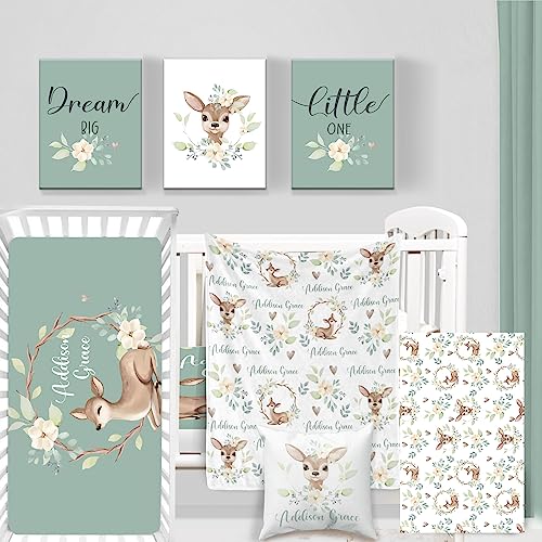 Custom Baby Crib Bedding Set - Comfortable 5 Piece Crib Set Cartoon Animals Design - Personalized Name Blanket, Crib Sheet, Changing Pad Cover, Pillowcase, Wall Art, Nursery Decor for Newborns Style C
