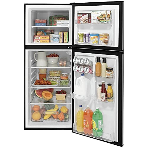GE GPV10FSNSB 24" Top Freezer Refrigerator with 9.93 cu. ft. Capacity 12V DC Power Only LED Lighting and Adjustable Spillproof Glass Shelves in Stainless Steel and Black on Fridge.com