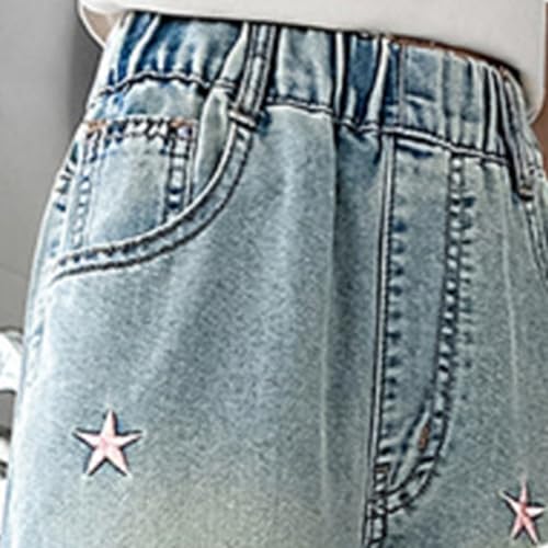 Little Girls Casual Denim Pants Patchwork Stripes Button Front Elastic Waist Grunge Pants Fall Jeans 5t2