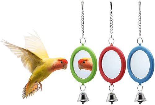 Litewoo Juguetes de espejo de loro de 3 piezas con campana colgante de juguete para pájaro, periquito, cacatúa, budgie conure (redondo)