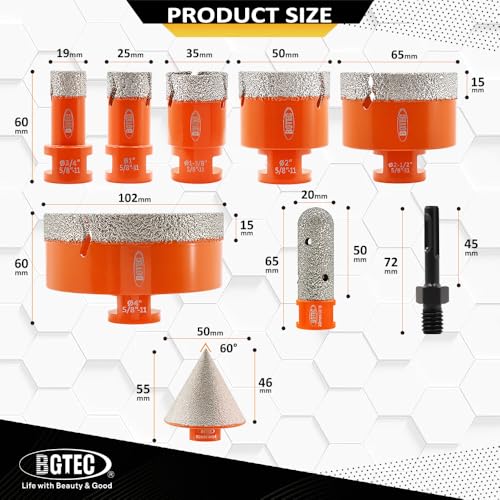 Image of Tile Hole Saw Kit Diamond - 9PCS 5 /8-11 Thread Drill Bit 19 /25 /35 /50 /65 /102mm+50mm Beveling Chamfer Bit+20mm Finger Bit+SDS Adapter for Pocelian Tile Ceramic Marble Granite Stoneware