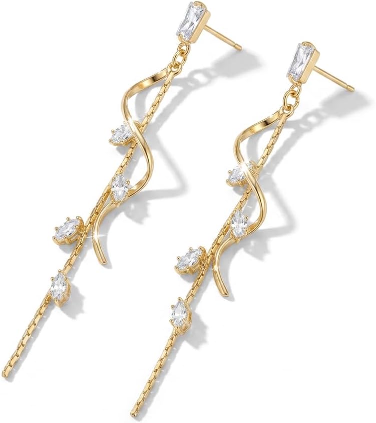 Pendientes colgantes de cristal chapados en oro de 14 quilates para mujer | Motivos espirales de vid y flores, hipoalergénico, aprobado para orejas sensibles, ligero, caja lista para regalo, aniversarios.