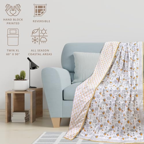 Image of TOAIArt Premium Jaipuri Dohar | AC Blanket Summer Quilt | Hand Block Printed | 3 Layers | Reversible | 150GSM 100% Mulmul Cotton | 100% Cotton Flannel Filling | Single 60 inch X 90 inch |Grey Yellow Cartoon