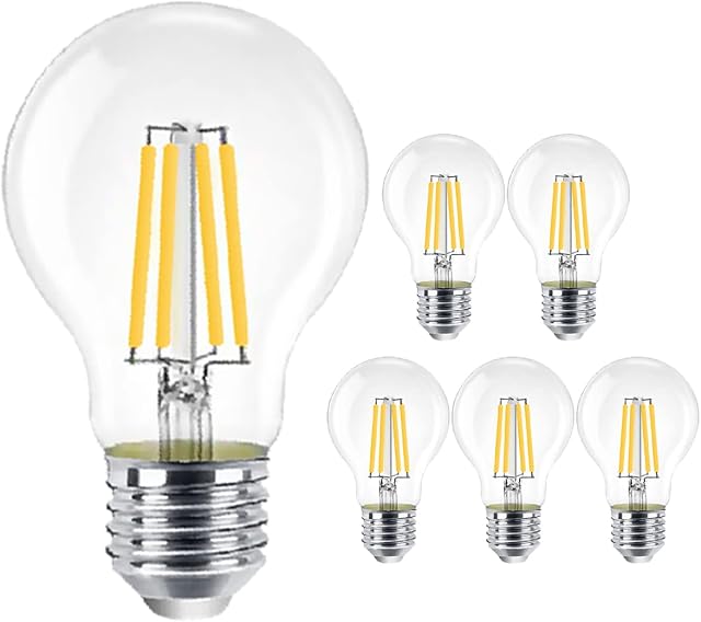 EXTRASTAR E27 LED Edison Screw Filament Bulb, 8W(69W Equivalent), 950LM, Warm White 2700K, A60 Vintage Clear Glass Globe Energy Saving Light Bulbs, Non-Dimmable, Pack of 6