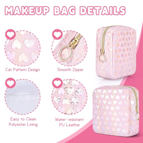 5.1" Mini Makeup Bag for Purse, Leather Small Makeup Pouch Travel Cosmetic Make up Bags for Women Girls, Cute Preppy Mini Toiletry Bag Coin Pouch Period Bag(3D Love Pink)4