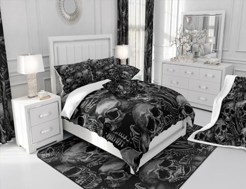 Feelyou Sugar Skull Bed Sheets Set Gothic Skeleton Sheet Set For Kids Boys Girls Teens Room Decor Pesonalized Skeleton Bones Sheets With Deep Pocket Fitted Sheet Halloween Themed Grey Bedding Set 3Pcs Twin thumb #5