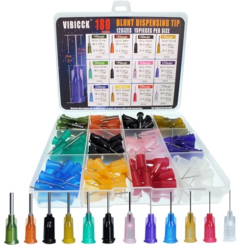 VIBICCK 12 sizes, 180 blunt tip glue dispensing nozzles Blunt-nosed needle glue applicator, used for applying industrial liquids, adhesives, inks, perfumes, lip glosses.0.5 inches,
