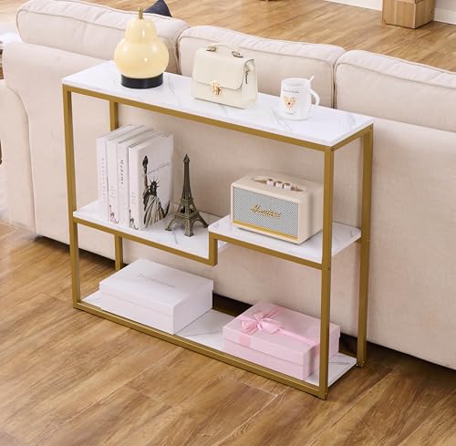 loglus Console Table for Entryway, Faux Marble MDF Sofa Table with Golden Frame (Multilayer, White Marble)