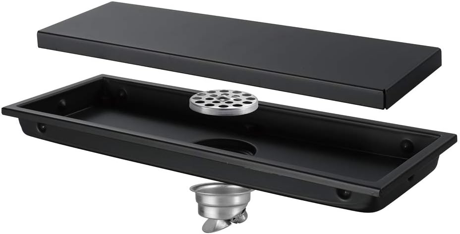 Linear Shower Drain with Removable Cover Rectangular 304 Stainless Steel Floor Drain Anti Clogging Multipurpose Hair Trap with Hair Strainer for Bathroom and Kitchen, 300×110 mm,Black