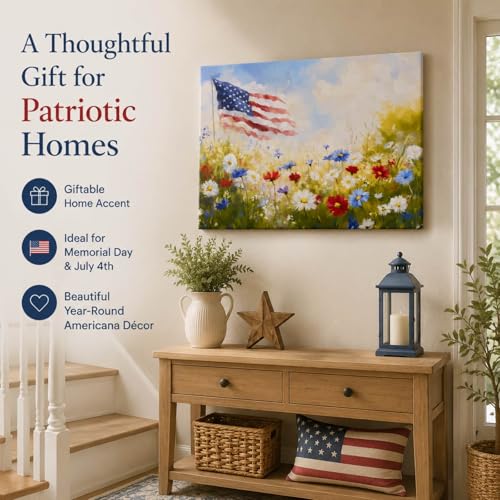 Image of Patriotic Wall Art Decorations, 4th of July American Flag Vintage Canvas Print Picture Framed, for Rustic Americana Home Living Room Decor