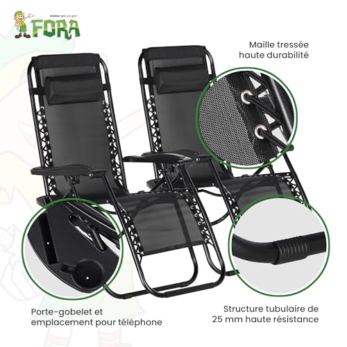 Lot 2 Chaises Longues Pliables Inclinables Noires FORA