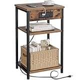 Rolanstar End Table with Charging Station, Night Stand with 3 Storage Shelves, Small Side Table for Small Space, Narrow Bedside Table for Living Room, Bedroom, Rustic Brown