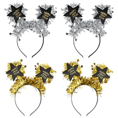 ouhos 4 Pezzi Cerchietto Happy New Year, 2026 Cerchietti Capodanno, Cerchietti per Capelli Happy New Year per feste di Capodanno Eve Forniture Party adulti bambini (2 Oro Nero + 2 Argento Nero)