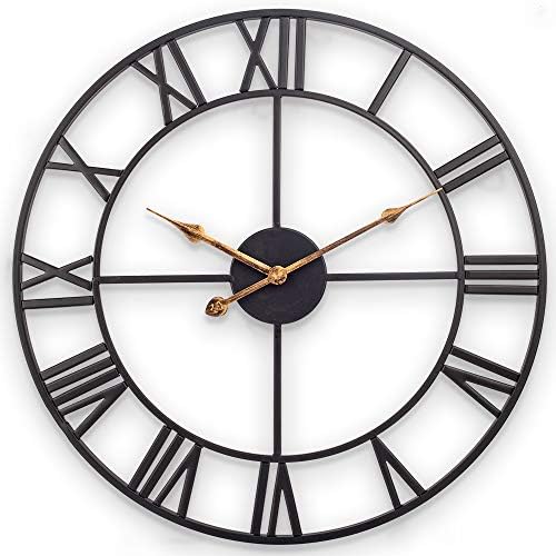 [Thicker Updated] Large Wall Clock, 30 Inch Wall Clock Industrial Roman Numeral Decorative Art Wall Clock, Vintage Silent Battery Operated Indoor Metal Clock for Living Room, Bedroom, Kitchen- Black