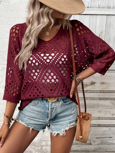 Image of Verdusa Women's Crochet Beach Summer Sweater 3 /4 Length Sleeve Boho Off The Shoulder Tops