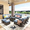 Yechen Patio Furniture Set 9 Peices with 44" Propane Gas Fire Pit Table -2 Wicker Swivel Rocking Chair, 12 seat Outdoor Sectional Set with-4.3'' Cushion Conversation Sofa Set for Porch,Backyard