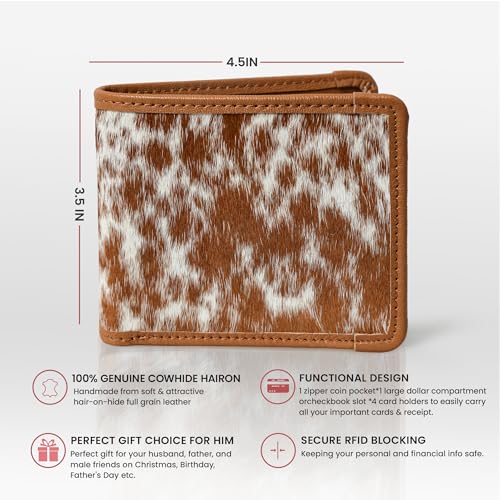 Genuine Cowhide Leather Bifold Wallet for Men – Handmade, RFID Blocking, 8 Card Slots, Slim Minimalist Western Wallet with Money Clip – Brown & White4