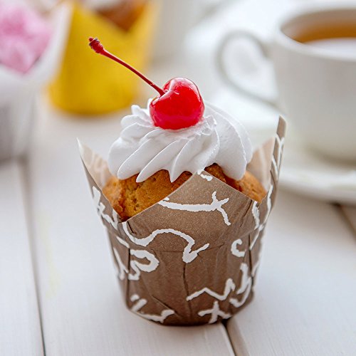 Restaurantware-Premium 1.2-oz Baking Cups: Regular-Petal Paper Baking Cups Perfect for Muffins, Cupcakes or Mini Snacks - Brown Chocolate Wisp Print Design - Disposable - 200-CT