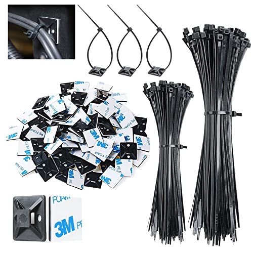 Juego de 300 bridas para cables, 200 bridas de nailon de plástico negro de 100 mm/150 mm y 100 soportes autoadhesivos fuertes con pegamento trasero, resistentes a altas temperaturas para gestionar