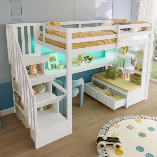 Merax 90x200 Hochbett mit Schreibtisch, Regalen & Stauraumtreppe, Weiß – Kinderhochbett mit LED-Beleuchtung, 2 Schubladen, Multifunktionales Design für Kinderzimmer