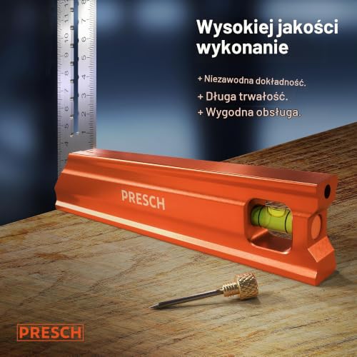 Presch Kątownik stolarskie 300mm | Średni | Zawiera nierdzewny znacznik (30 cm), poziomicę i kołek znacznikowy | 90° i 45° | Kwadrat precyzyjny, kwadrat stolarski, kwadrat inżynierski