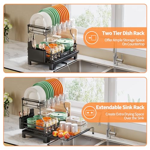 Urackify Extendable Dish Drying Rack, 2-Tier Dish Rack for Kitchen Counter, Large Expandable Dish Drainer Over Sink, 3 in 1 Multifunction Dish Strainer with Drainboard & Cups Holder, Black