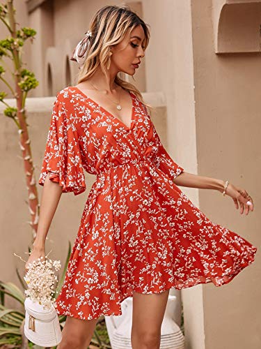 Image of Floerns Women's Tropical Floral Plunging V Neck Tie Open Back Summer Short Dress