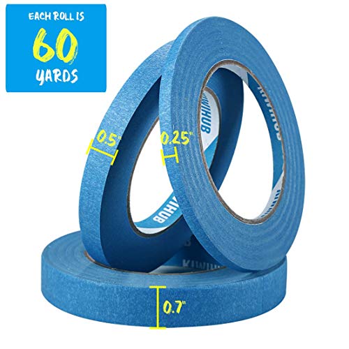 Kiwihub Painter's Tape, 1/4" 1/2" 7/10" X 60 Yd, Multi Size Pack - Blue Painting & Masking Tape - Multi Surface Use - 14 Day Clean Release Trim Edge Finishing Tape #TOP5