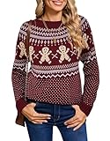 shermie Women's Fair Isle Pullover Sweaters Long Sleeve Crew Neck Gingerbread Man Christmas Sweater (Wine Red,Large)