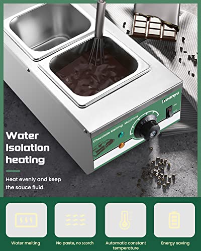 Huanyu Chocolate Tempering Machine 86~176℉ Commercial Electric Melting 2-Pot 9LBs Stainless Steel Food Warmer Professional Heated Chocolate Melter with Lid for Catering Restaurant Canteen Home Party