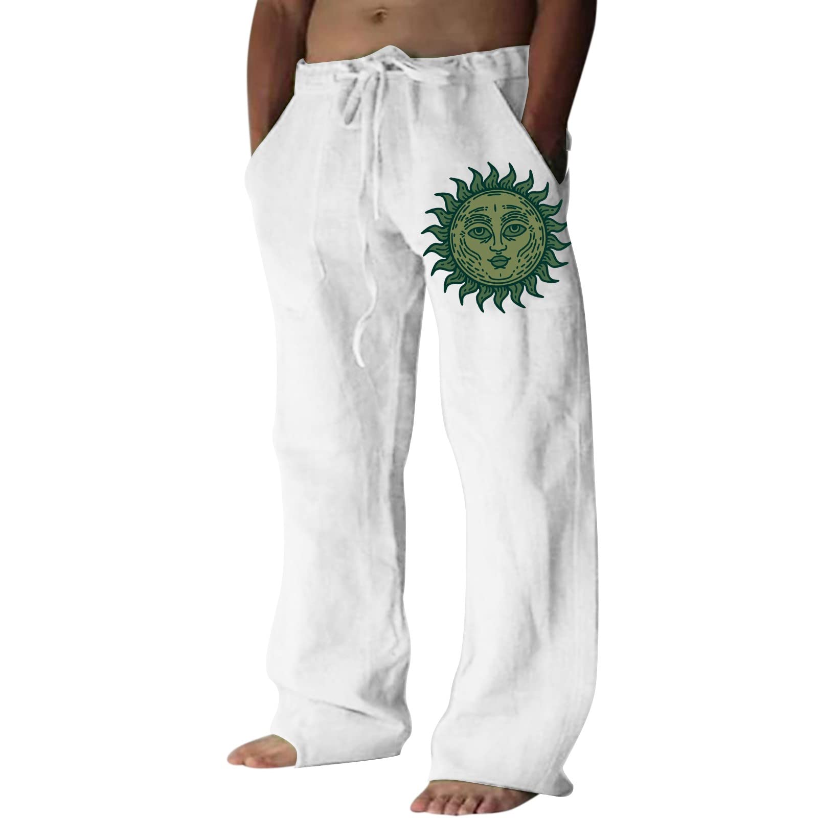 MILAX Linen Trousers, Men's Casual Trousers, Long, Lightweight Summer Trousers, Beach Trousers, Linen, Loose fit, Casual Trousers, Casual, Plain Beach Trousers, Comfortable, Loose, Zz03#white, XXL