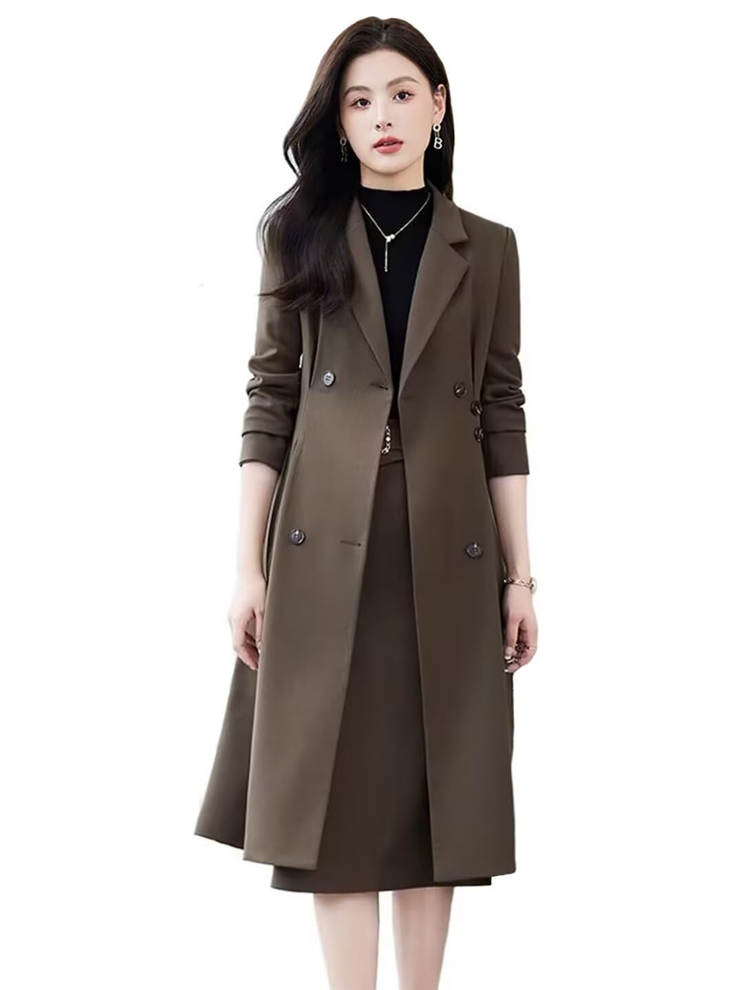 Womens Mid Length Suit Set Winter Smart Casual Overcoat Pencil Skirt Separates-Coat Skirt