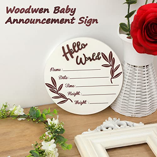 Image of Wooden Baby Announcement Sign, Round New Baby Sign Wooden Newborn Welcome Sign Hello World Newborn Sign