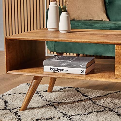 Spinningfield Buxton Mango Wood Coffee Table  Elegant, Modern, Contemporary Rectangular Tea Table for Lounge, Living & Dining Room with Spacious Tabletop Surface, 1 Storage Drawer & Open Shelving