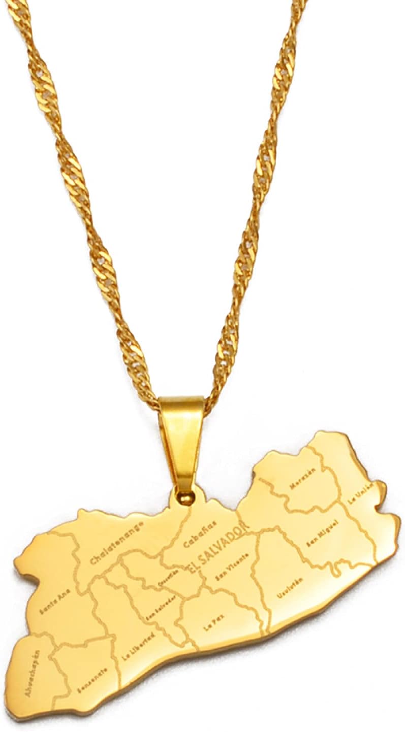 Map of El Salvador Pendant Necklaces - Charm Ethnic African Thin Chain Necklaces,Gold Color Patriotic Maps Flag Hip Hop Jewelry for Women Men Party Gift,60Cm